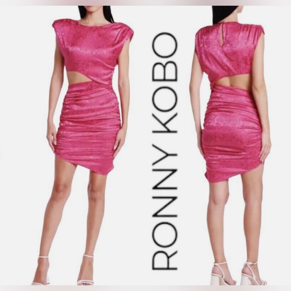 💋💋RONNY KOBO Kyle Asymmetric Cutout Ruched Pink Dress❤️❤️